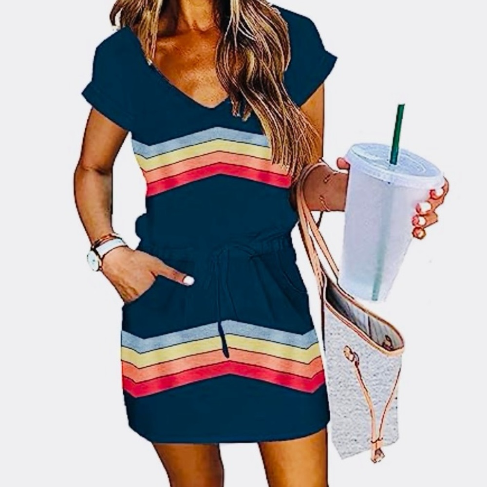 Striped V-Neck Dress with Pockets